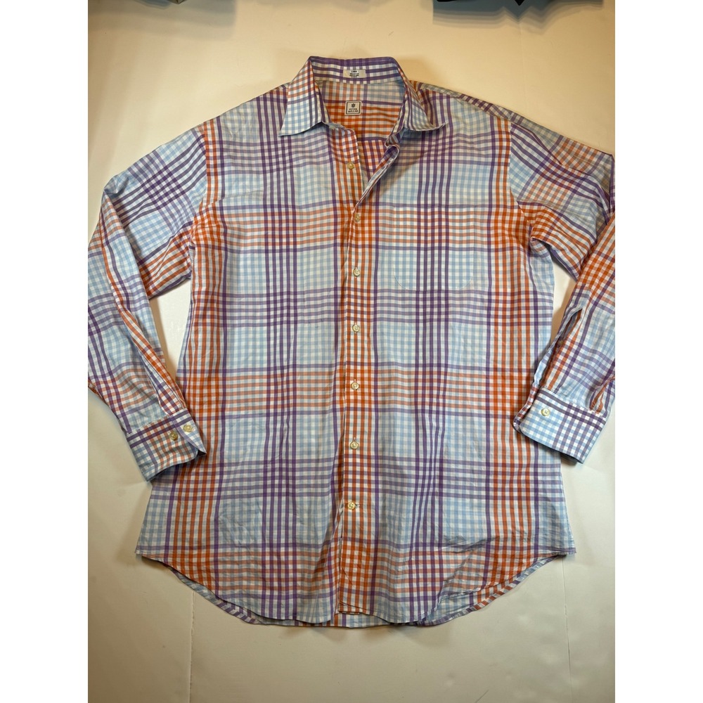Peter Millar Mens Large Plaid Button Down Shirt Orange Purple Blue 100% Cotton